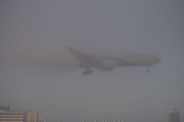 Boeing 777-200 (4X-ECE) - Another nice shot of the fog effects at KLAX as EL AL 777-200ER arrives from Tel Aviv, ISRAEL!