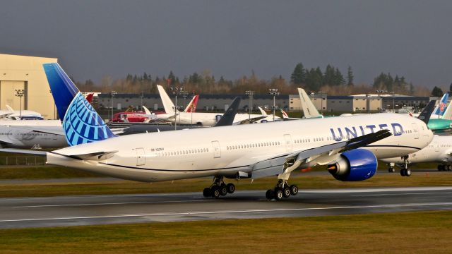 BOEING 777-300 (N2251U) - BOE771 touches down on Rwy 16R to complete a C1 flight on 1.26.20.  (B777-322(ER) / ln 1643 / cn 66591).