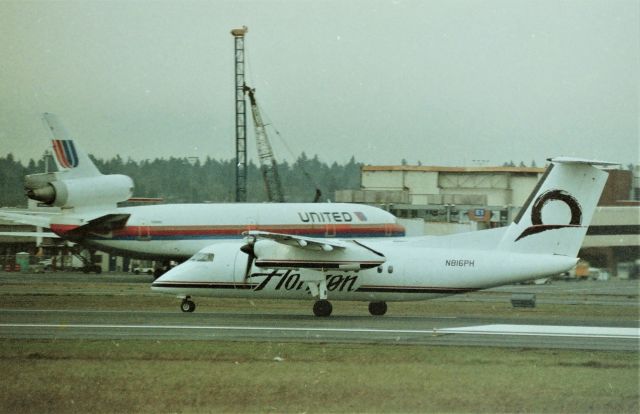 de Havilland Dash 8-200 (N816PH) - KPDX - E Marine Parkway in Portland is alongside the north side of the main runways at Portland Oregon. There used to be an air-park there, now long closed from where I took this photo. It is a beautiful location as Mt Hood looms off to the far left out of this view when skies are clear, and the mighty Columbia River is to my back. Horizon Air DHC 8 departing to points north or east.