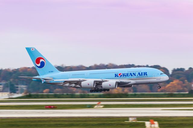 Airbus A380-800 (HL7622) - This was a fairly early morning arrival for the Korean Air A380 at Atlanta's international airport. The clouds were fairly thick, but enough light was getting through for some great colors. I shot this with my Canon 70-200 F2.8 lens with the focal length at 200mm. The shutter speed was 1/160, F4, ISO 1000. Please check out my other aviation photography. Votes and positive comments are always appreciated. Questions about this photo can be sent to Info@FlewShots.com