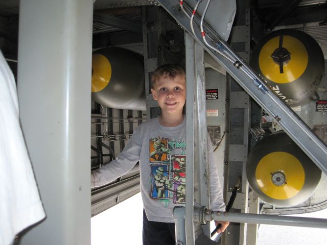 — — - Little boy in bomb bay of B-17G