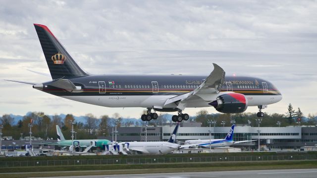 Boeing 787-8 (JY-BAG) - BOE696 on final to Rwy 16R to complete a B1 flight on 11/7/16. (ln 499 / cn 37984).