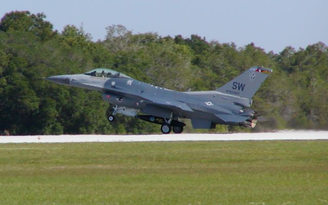 Lockheed F-16 Fighting Falcon — - Holding the nose off after landing at KLAL