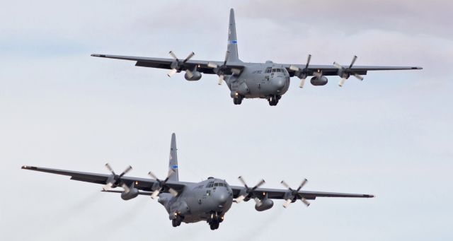 Lockheed C-130 Hercules (79-0478) - A pair of (former) Nevada Air Guard C-130H Hercs (79-0477 and 79-0478) are viewed here on very short final for runways 16R and 16L in this 2013 photo.br /Both of these Hercs are now gone.  In 2015, 79-0477 (top) was with the Montana ANG and 79-0478 was written off as destroyed after an accident at Baghdad International Airport on 7 Jul 2015.