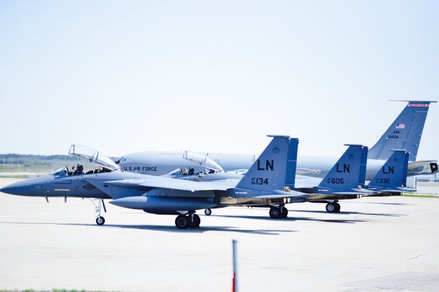 McDonnell Douglas F-15 Eagle (N98134) - Squadron of F15 Strike Eagles land at Gander Airport, Newfoundland. Overnighted and departed the next day for Iraq.