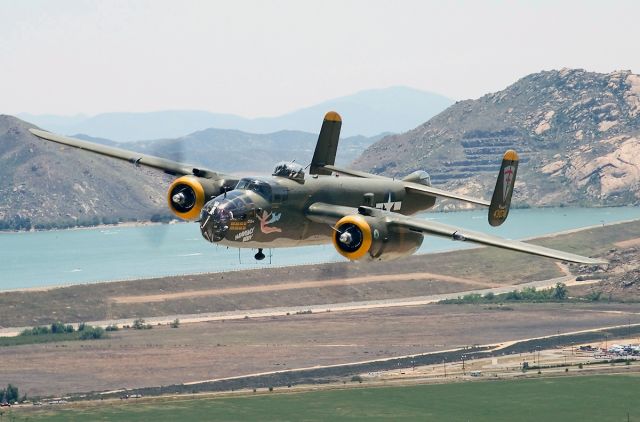 N8195H — - The North American B-25J Mitchell bomber Heavenly Body in flight above southern California.