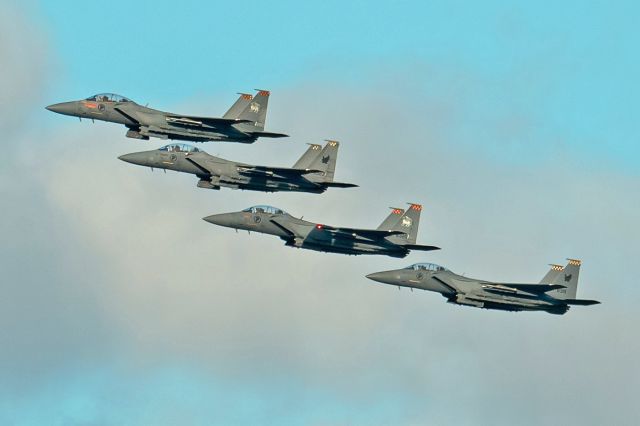 McDonnell Douglas F-15 Eagle (N8322) - Republic of Singapore Air Force, serial 8322 lead with 142 sqn marking, 823, and 8319 carry 149 sqn marking. RAAF Base Pearce 28 August 2024