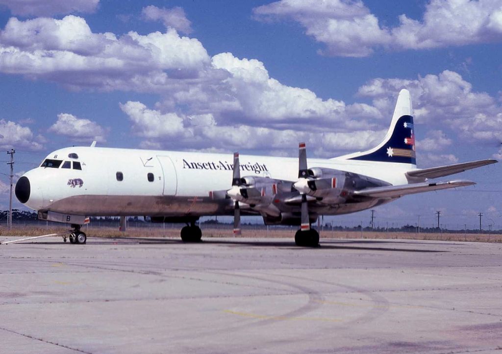 Lockheed L-188 Electra (VH-RMB) - Lockheed Electra L188 VH-RMB of Ansett Air Freight at Melbourne Airport in 1981.