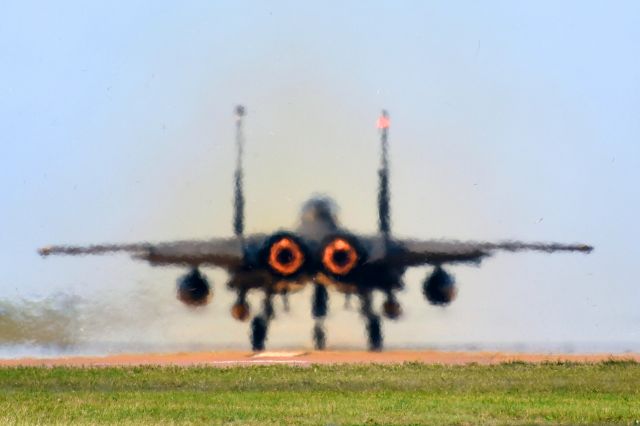 McDonnell Douglas F-15 Eagle (87-0206) - DUSTY61 lighting burners and kicking up grass at Alliance Airport.