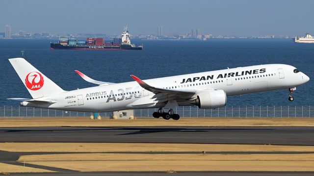 Airbus A350-900 (JA02XJ) - JAL's second domestic configured A350 taking off on a cold but sunny spring day.