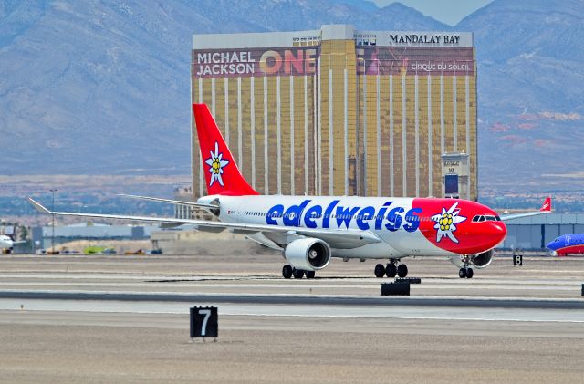 Airbus A330-200 (HB-IQI) - HB-IQI Edelweiss 1999 Air Airbus A330-223 - cn 291 - This afternoon’s arrival of Edelweiss Air’s flight from Zurich occurred using an Airbus A330 piloted by Capt. Karl Kistler, who is also the Chief Executive Officer of the Switzerland-based air carrier. (McCarran International Airport (KLAS)) - McCarran International Airport (KLAS)br /Las Vegas, Nevadabr /TDelCorobr /June 20, 2014