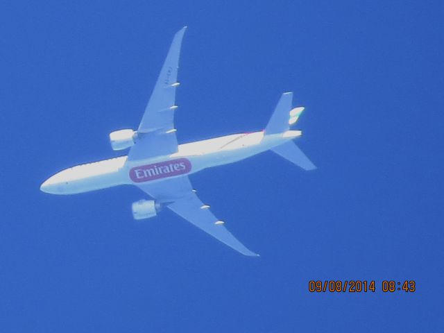 BOEING 777-200LR (A6-EWJ) - Emirates flight 221 from Dubai to Dallas over Baxter Springs Kansas (78KS) at 38,000 feet.