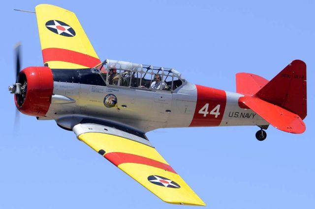 North American T-6 Texan (N75964) - North American SNJ-4 N75964 #44 was manufactured in 1943. Its construction number is 88-9830. It is powered by a Pratt and Whitney R-1340 nine-cylinder Wasp radial engine.