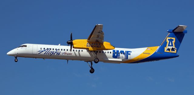 de Havilland Dash 8-400 (N441QX) - Horizon Airs University of Alaska Fairbanks "Nanooks" college schemed Dash 8 (N441QX) is captured here during the final few seconds of its midmorning approach to RTIAs runway 16R yesterday. 