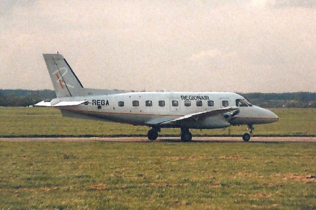 Embraer EMB-110 Bandeirante (G-REGA) - Taxiing for departure in Apr-89.br /br /With Regionair from Feb-88 to Mar-91 when it became G-ZUSS then G-FLTY.br /Registration cancelled 11-Apr-06. Broken up at EGMC.