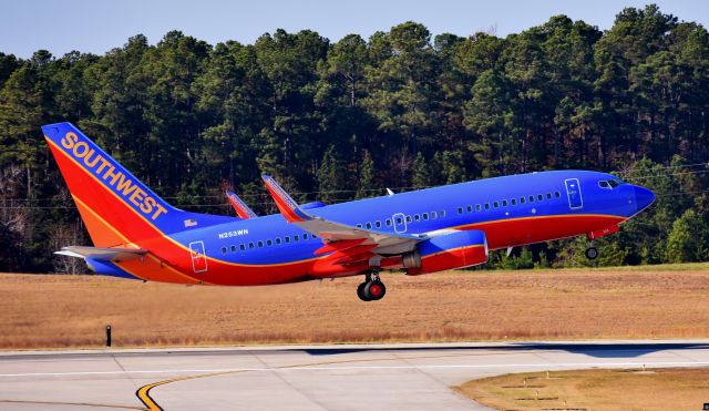 Boeing 737-700 (N253WN) - At the RDU observation deck, 12/3/17.  New radome on old livery - poor thing looks like shes been sucker punched. :p