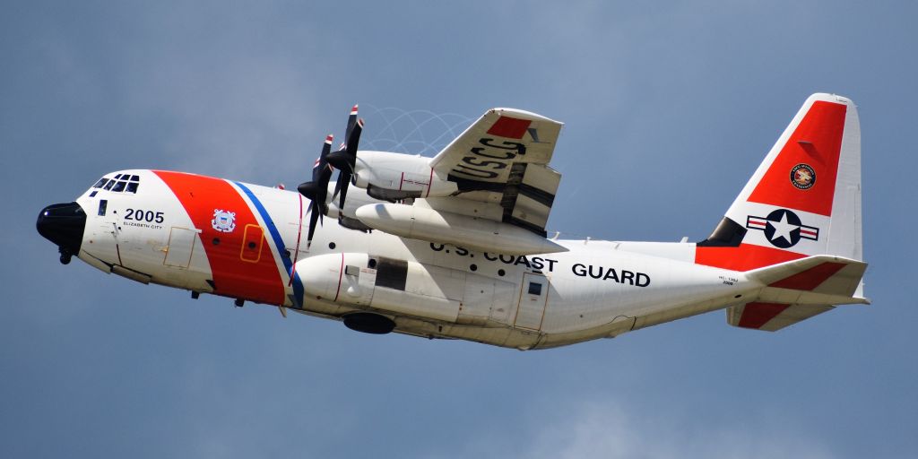 Lockheed C-130 Hercules (2005) - HC-130J of the Coast Guard (Elizabeth City, NC base) departing RDU for ILM, with disaster relief and personnel onboard to reach Wilmington, NC, after the destruction wrought by Hurricane Florence.  Wilmington is now only accessible via air; all roads and highways are flooded as of 9/17/18.