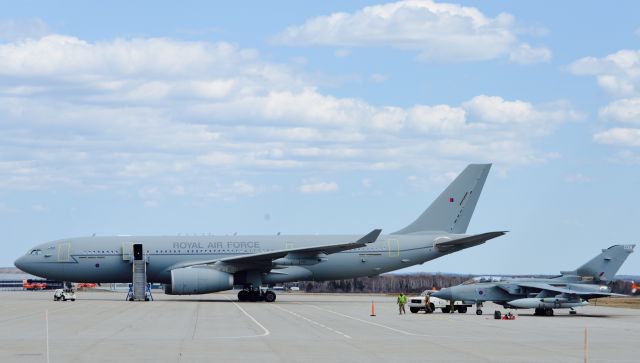 Airbus A330-300 (ZZ334) - This RAF Tanker and Tornado were preparing to depart Gander Airport on May 16, 2015. Tornado ZZ546 had been parked on the tarmac for 6 weeks awaiting repairs. It had to divert on a mechanical while enroute to the Azores.