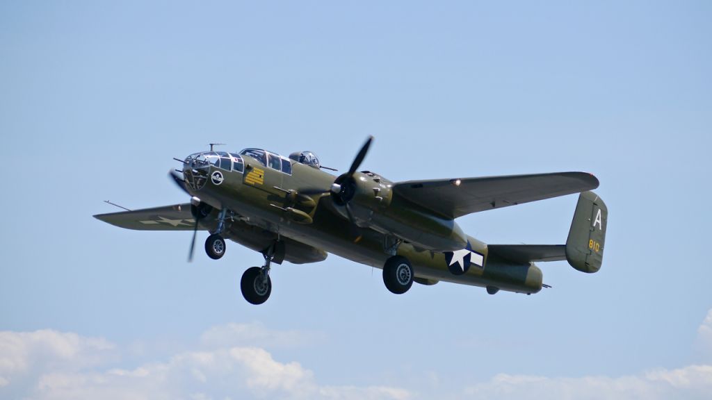 North American TB-25 Mitchell (N41123) - Flying Heritage Collections North American B-25J Mitchell (Ser #44-30254) makes a missed approach to Rwy 34L on 5/18/15.