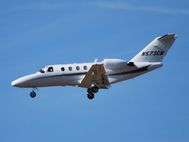 Cessna Citation CJ2+ (N573CM) - VON B LLC  (NASCAR driver "Captain Carl" Edwards) on final for runway 20 at KJQF - 1/23/13