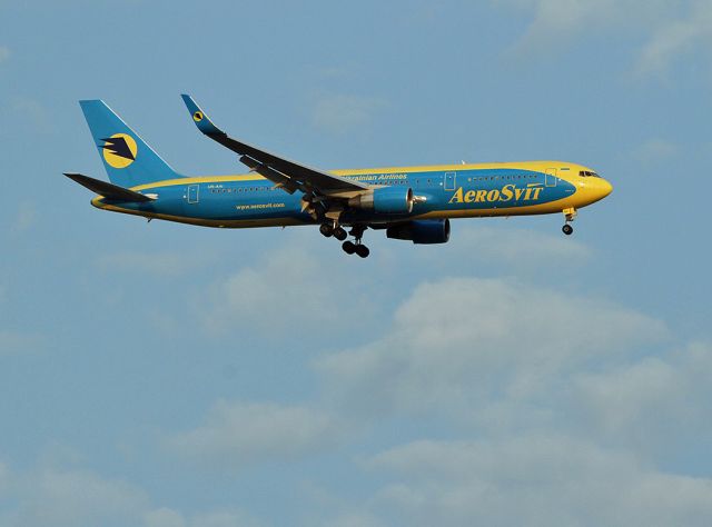 BOEING 767-300 (UR-AAI) - I took this photo from the grounds of the Humber Arboretum in Toronto when this aircraft was landing to Toronto International Airport (Ontario, Canada).