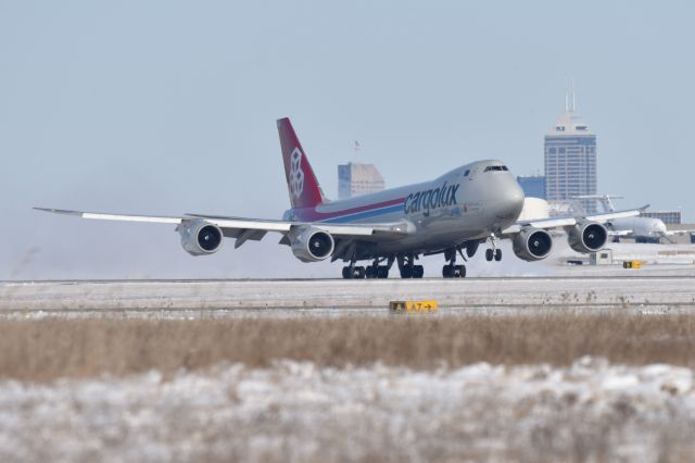 BOEING 747-8 (LX-VCI) - 24+ hours later, LX-VCI finally made it out of here on Saturday 02-16-24. Shown departing 23-R headed up to ORD.