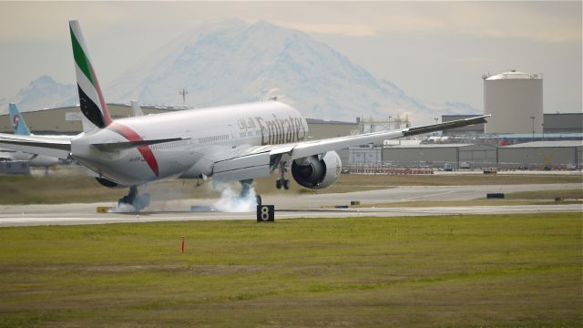 BOEING 777-300 (A6-EGH) - BOE866 - B777-300ER for EMIRATES touches down on runway 16R on a clear Autumn day with Mt. Rainier in the distance. Photographed 10/8/11. It was this aircrafts maiden flight.