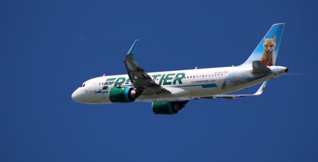 Airbus A320neo (N329FR) - Shortly after departure is this 2018 Frontier Airlines Airbus A320-251N with "Trixie" the Fox on the tail in the Summer of 2020.
