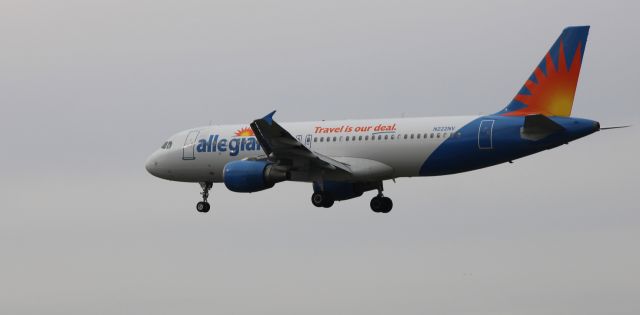 Airbus A320 (N222NV) - About to touch down is this 2001 Allegiant Airlines Airbus 320-214 in the Autumn of 2023.