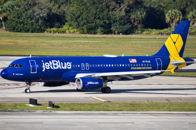 Airbus A320 (N775JB) - "Vets In Blue" livery arriving into Tampa International from Washington National (DCA) as JBU753 on December 1st 2020br /br /• Formerly named "Canard Bleu" FEB 2009 - NOV 2014br /• Painted into "Vets in Blue" livery November 2014br /• Reconfigured from 150 seats to 162 seats OCT 2019