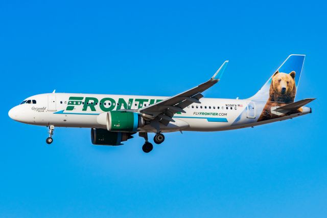 Airbus A320neo (N391FR) - Frontier Airlines A320 neo "Grizwald the Bear" landing at PHX on 11/13/22. Taken with a Canon R7 and Tamron 70-200 G2 lens. 