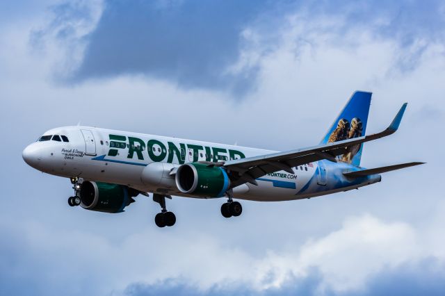 Airbus A320neo (N371FR) - A Frontier Airlines A320 neo "Parish & Daisy the Burrowing Owls" landing at PHX on 2/23/23. Taken with a Canon R7 and Canon 100-400 EF ii lens.