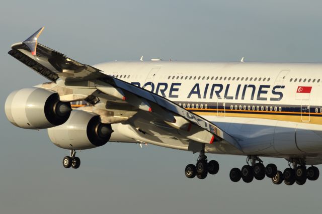 Airbus A380-800 (9V-SKD) - A380-800 about to touch down on runway 027L at LHR.