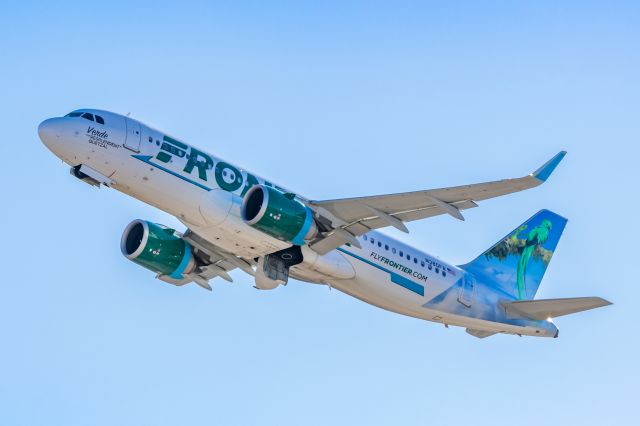 Airbus A320neo (N380FR) - A Frontier Airlines A320 neo "Verde the Resplendent Quetzal" taking off from PHX on 2/9/23 during the Super Bowl rush. Taken with a Canon R7 and Tamron 70-200 G2 lens.