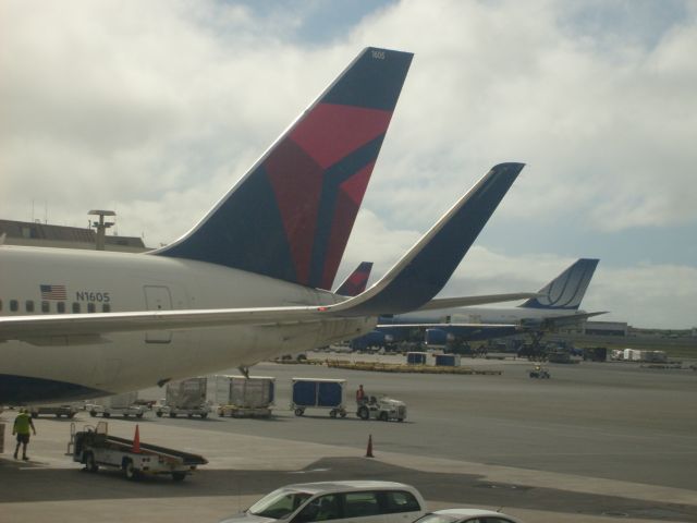 BOEING 767-300 (N1605) - A Delta 767-300W and 747-400s tails with a United 747-400 in the background