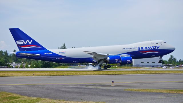 BOEING 747-8 (4KSW881) - BOE641 touches down on Rwy 34L to complete its maiden flight on 6/6/14. (LN:1493 / cn 44444).