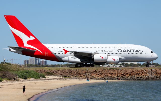 Airbus A380-800 (VH-OQK) - Passing the Beach for a Rwy 34L Departure