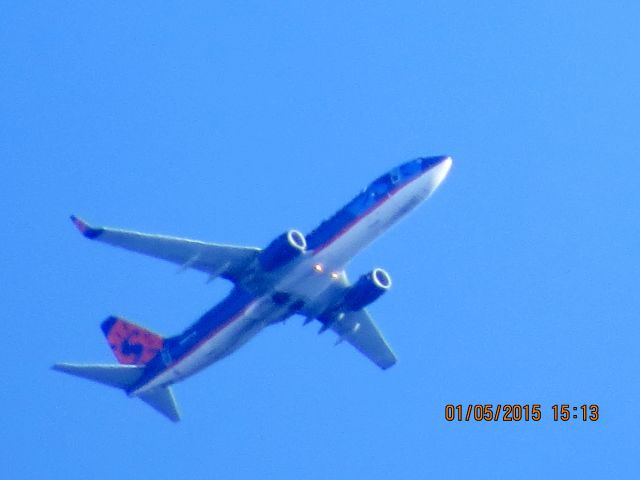 Boeing 737-800 (N815SY) - Sun Country Airlines flight 136 from Joplin Missouri to DFW over Baxter Springs Kansas at 15,000 feet.