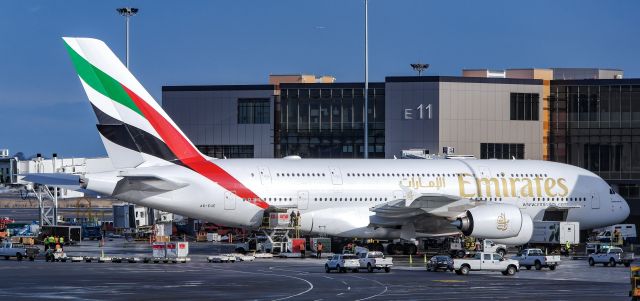 Airbus A380-800 (A6-EUE) - First scheduled A380 service to Boston flown by Emirates 237 Super. Here she is at the brand new Gate E11 at Terminal E.