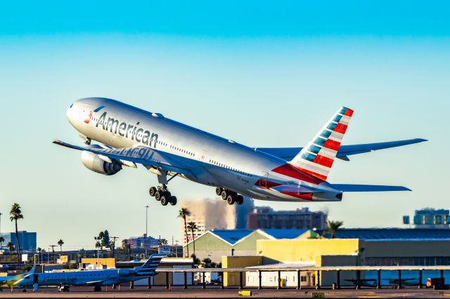 Boeing 777-200 (N771AN) - American Airlines 777-200 taking off from PHX on 10/29/22. Taken with a Canon 850D and Tamron 70-200 G2 lens.