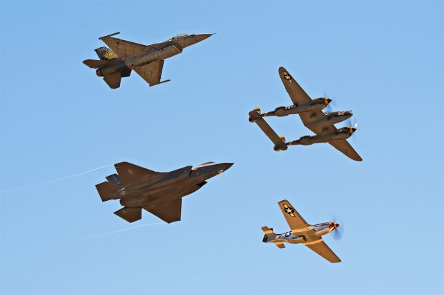 North American P-51 Mustang (N7715C) - clockwise from top left:F-16 Viper Demo Team pilot Captain Aimee 'Rebel' Fiedler, Planes of Fame's Lockheed P-38J Lightning, Planes of Fame's North American P-51D Mustang, F-35A Lightning II demo pilot Major Kristen 'Beo' Wolfe at Travis Air Force Base's Open House May 15 2022.