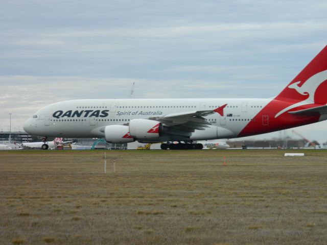 Airbus A380-800 — - Qantas A380 taking off at Melbourne International Airport on runway 34