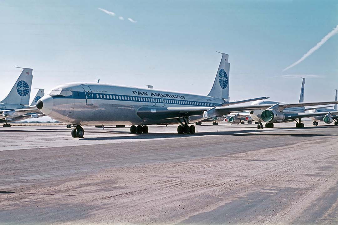 Boeing 707-100 (N778PA) - Pan Am Boeing 707-139B N778PA in storage at Marana Airpark on November 12, 1973. Its construction number is 17903. It was ordered by Cubana, but when the trade embargo was imposed, it was leased to Western Airlines. It first flew with JT3C turbojets on March 20, 1960 and was delivered to Western Airlines on May 13, 1960. It was returned to Boeing on September 21, 1962. It was sold to Sally Leasing Corporation and leased to Pan Am as Clipper Skylark on December 5, 1962. Pan Am bought it and registered it as N778PA on February 28, 1964. Its engines were changed to JT3D turbofans in November 1964. Pan Am leased it to Air Vietnam as N74613 in 1973 and then to THY as TC-JBE on April 1, 1974 before retiring it in December 1974. Pan ayer bought it on February 7, 1975. Trans Asian bought it in January 1976 and leased it to Bangladesh Biman as S2-AAL on April 17, 1976. It was registered as 9G-ACJ in June 1977 and leased to Saudia, Merpati Nunsantara Airlines, Bahamas World, Ariana Afghan Airlines, Air Lingus, Olympic, and Mandala. It was registered as G-TJAA on April 4, 1979 and leased to British Caledonian and Egyptair. Grant E. Sita registered it as N778PA on August 20, 1980 and lesed it to Maof Airlines which subleased it to El Al. It was stored at Tel Aviv on January 13, 1983 where it served as a prop in the movie Delta Force. Jet Avionic Systems Incorporated bought it on May 28, 1985. Aerocar Aviation acquired it in January 1986 and sold it to Boeing Military Aircraft Company on March 20, 1986. It was retired to AMARC for scrapping. Its engines were transferred to a Boeing KC-135E Stratotanker.