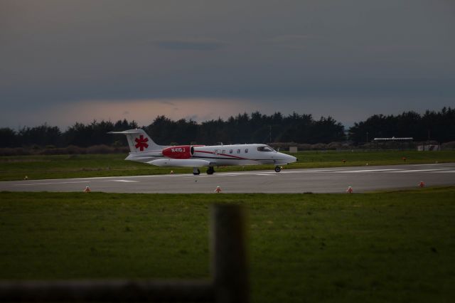 Learjet 35 (N41GJ) - Invercargill New Zealand, MARITIME SALES & LEASING INC LJ35 N41GJ turns at the end of runway 04 ready for take off to Adelaide Australia.<br>10 June 2014. Canon 5D, 70-200 IS USM 2.8 L ll plus 2x extender. Note:  the bird sitting on the runway holding its ground, the war between birds and aircraft is ongoing here...