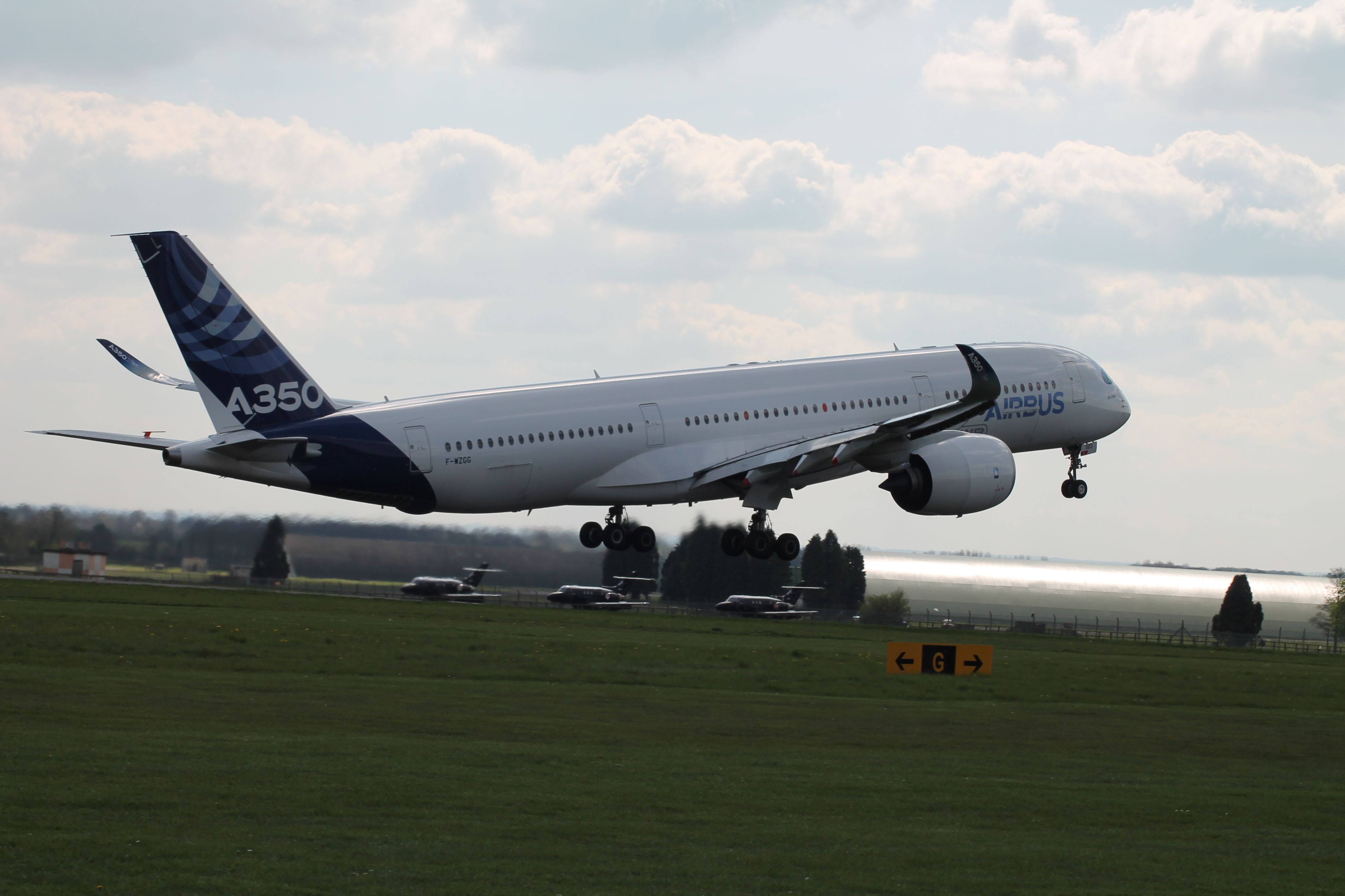 Airbus A350-900 (F-WZGG) - This Airbus A350-900 XWB was in Kemble Airport on test flights. These pictures were of its departure back home. Stood with a clear view of the runway.