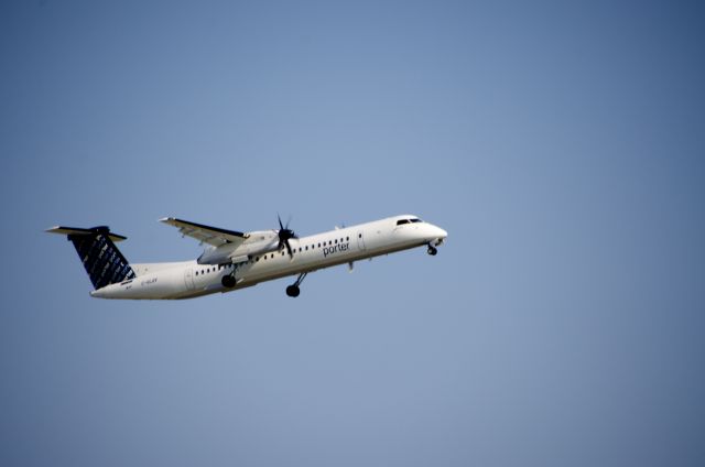 — — - Gear UP as Porter Q400 C-GLOV departs Runway 26 at CYTZ -Toronto Billy Bishop Airport, June 23/'13