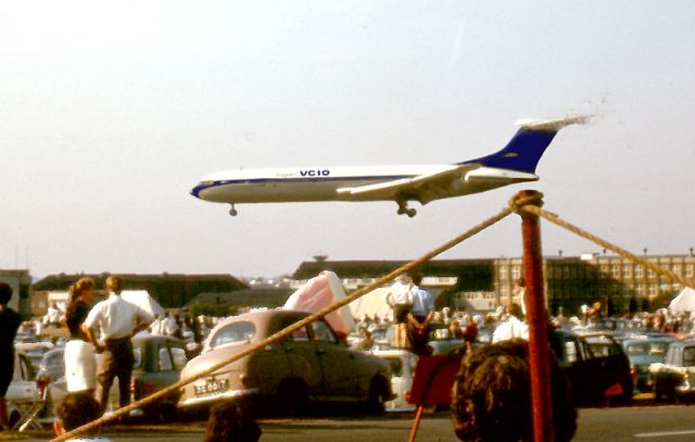 VICKERS VC-10 — - VC 10, one of the most beautiful aircraft ever flown, landing at Farnborough Air Show, August 1964, prior to entering service with BOAC and Ghana Air Lines. Check out the Austin A30 in the foreground !