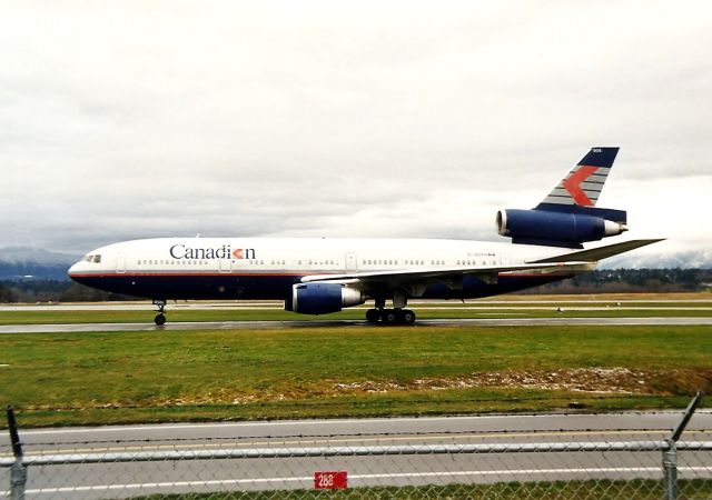 McDonnell Douglas DC-10 (C-GCPH) - CYVR - winter cold day in Feb 1996 as the Canadien 10 Heavy taxis to the gate. Date appx