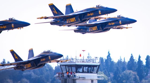 — — - Buzzing The Tower - The Blue Angels roar past the Boeing Field Tower headed out for the 75th Seattle Seafair Festival 8-2-2024