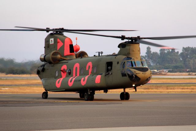 1008407 — - KRDD - CA ANG Chinook CH-47F 10-08407 rolling to a stop at Redding.